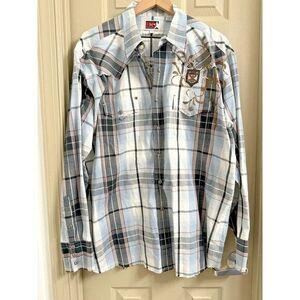 Vintage Brooks & Dunn Panhandle Slim Western Shirt Mens XL Blue Aztec Pearl Snap